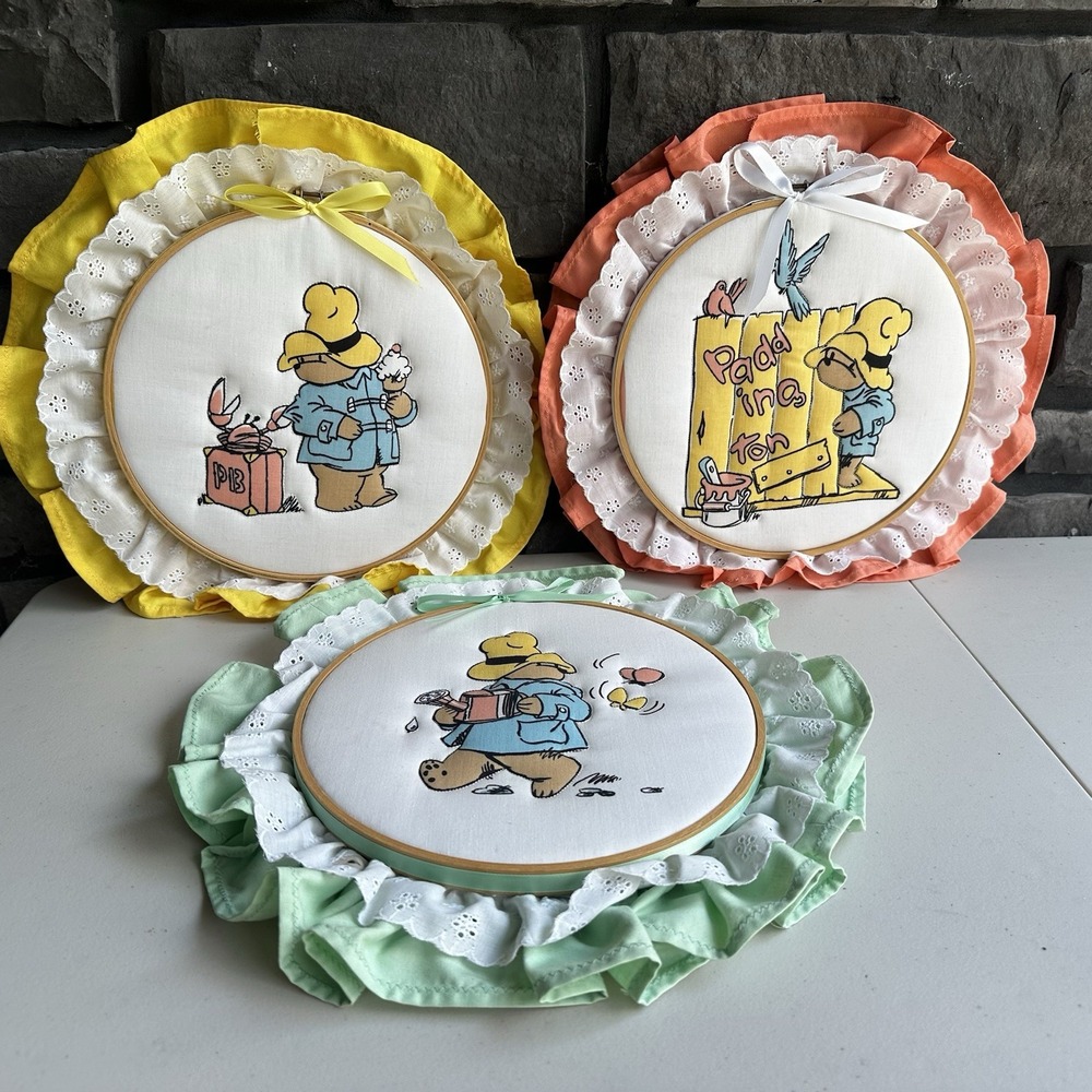 Vintage Paddington Bear Hoop Art Set 3 pc 10.5" Lace Padded Baby Nursery Decor